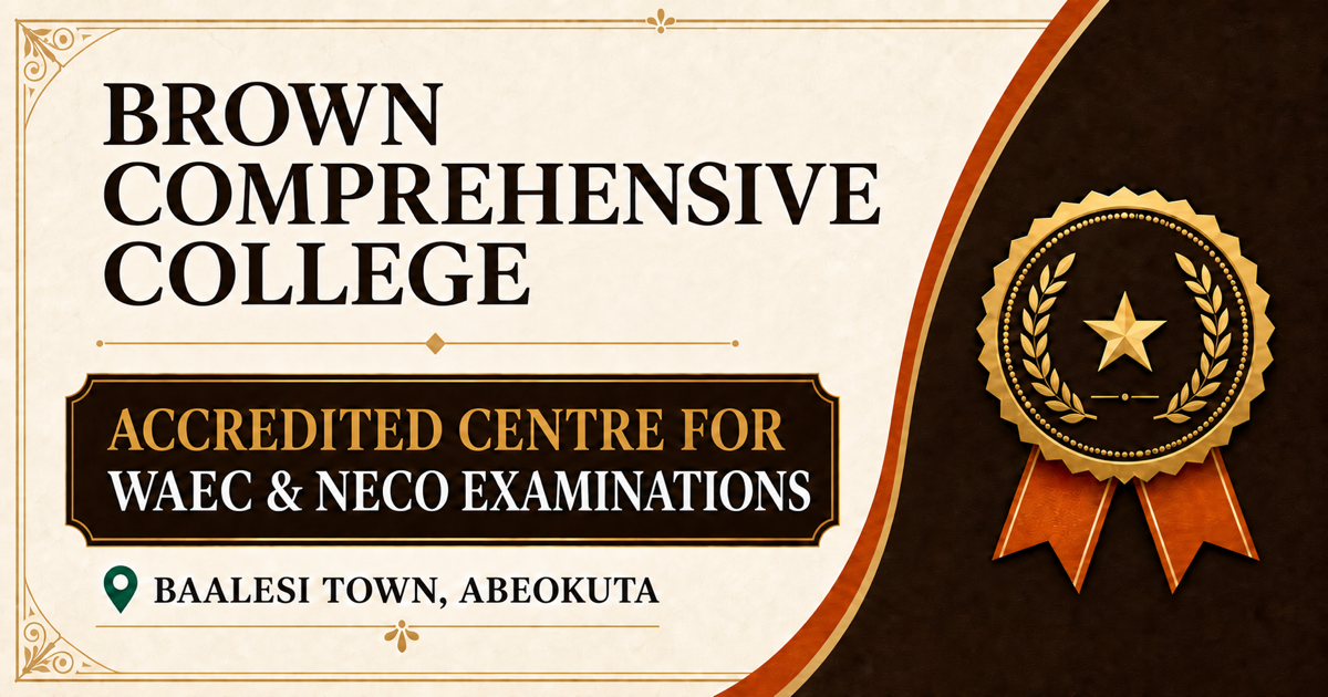 Brown Comprehensive College certificate graphic showing accreditation for WAEC and NECO examinations